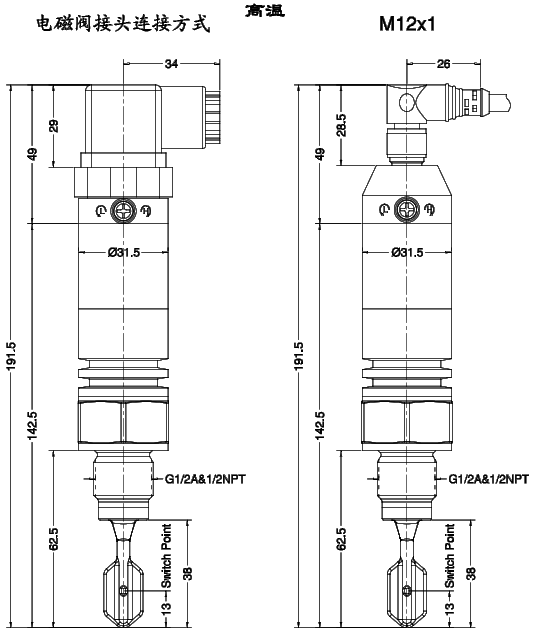 Ring-21緊湊型音叉液位開關尺寸圖（高溫）