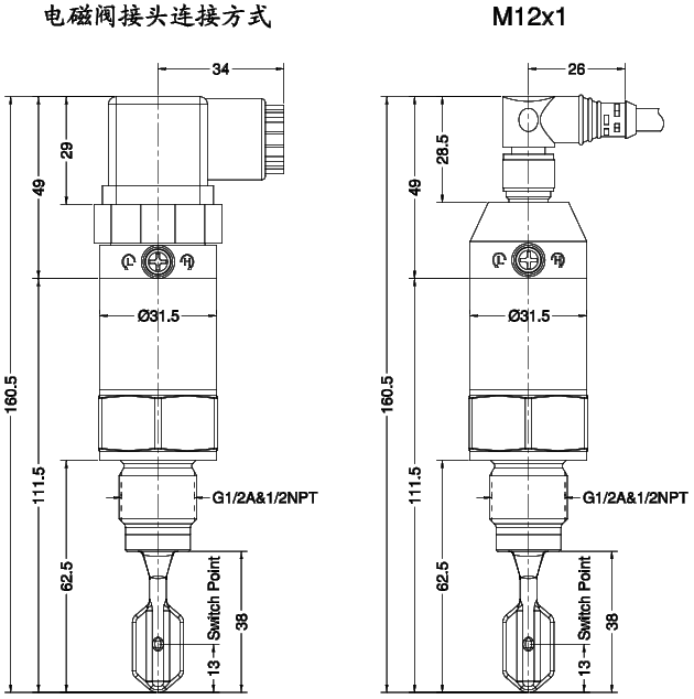 Ring-21緊湊型音叉液位開關尺寸圖（常溫）