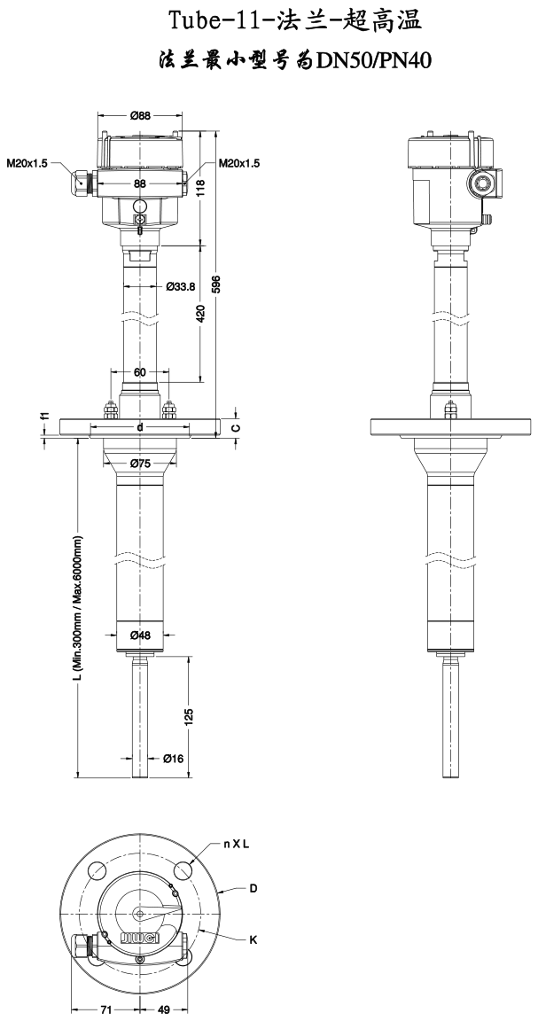 Tube-11振棒料位開關尺寸圖（超高溫型）